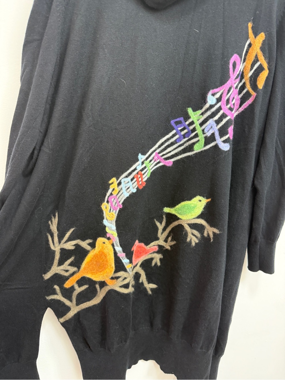 Saccharine New York Black Hooded Open-Front Cardigan with Multicolor Bird Print